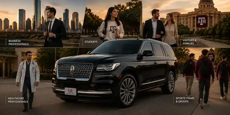 Luxury Lincoln Navigator with the official Lavish Ride logo on the front license plate representing business travelers, students, families, healthcare professionals, and sports groups traveling between Houston and College Station.